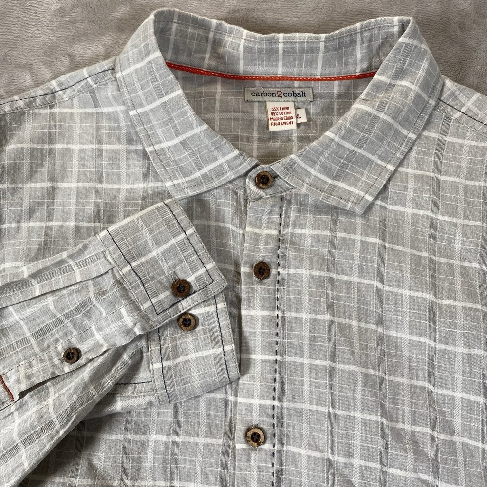 Carbon 2 Cobalt Shirt Men XL Linen Blend Gray Check Long Sleeve